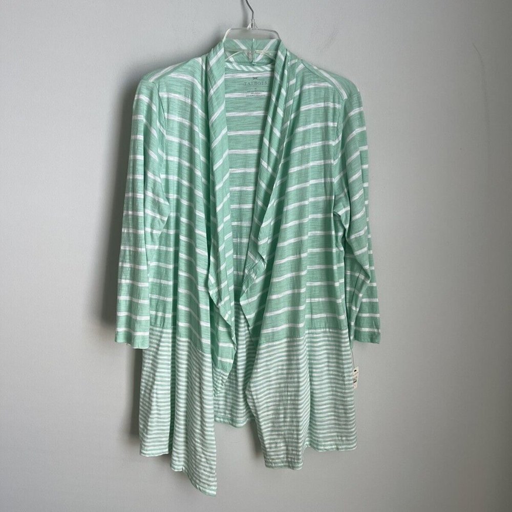 New Talbots Mint Green Striped 3/4 Sleeve Open Front Cardigan